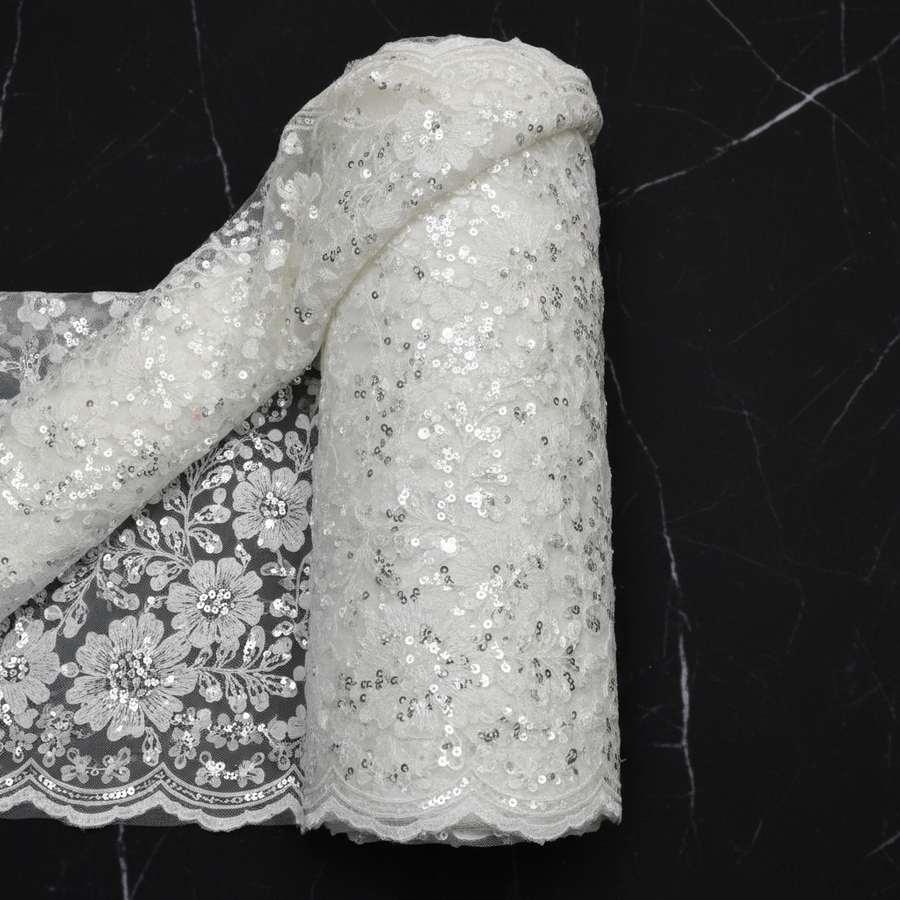 Tissu Dentelle Blanc Sequins